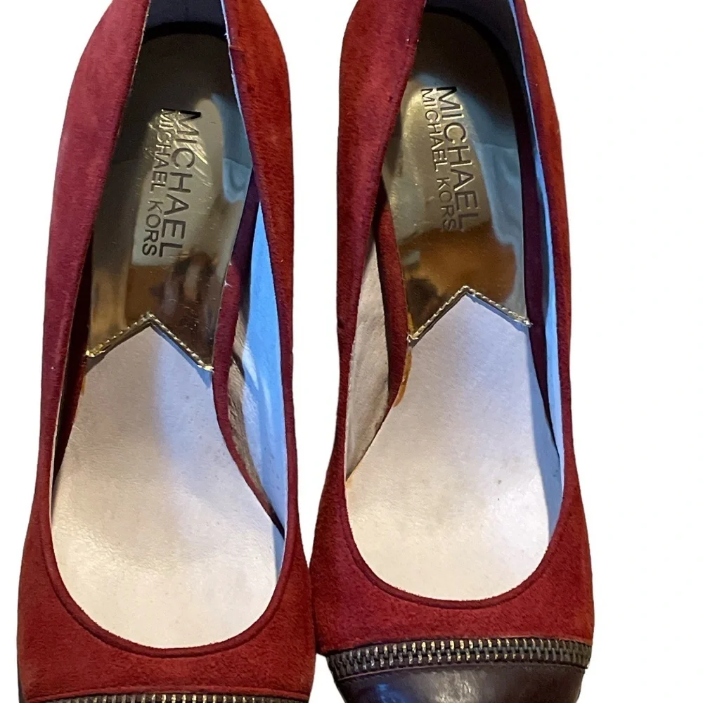 Michael Kors Burgundy Suede Pumps with Brown Leather Cap Toe - Picture 3 of 6